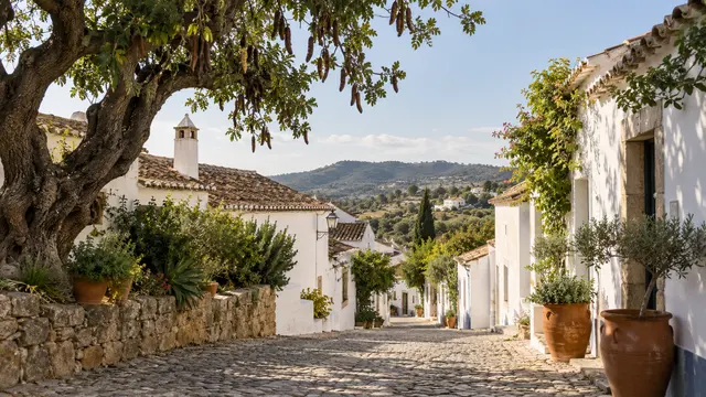 An Algarve inland village street with whitewashed walls.