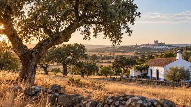 Alentejo-inspired broad landscape of cork oaks and golden fields with a small whitewashed farmhouse edged in blue.