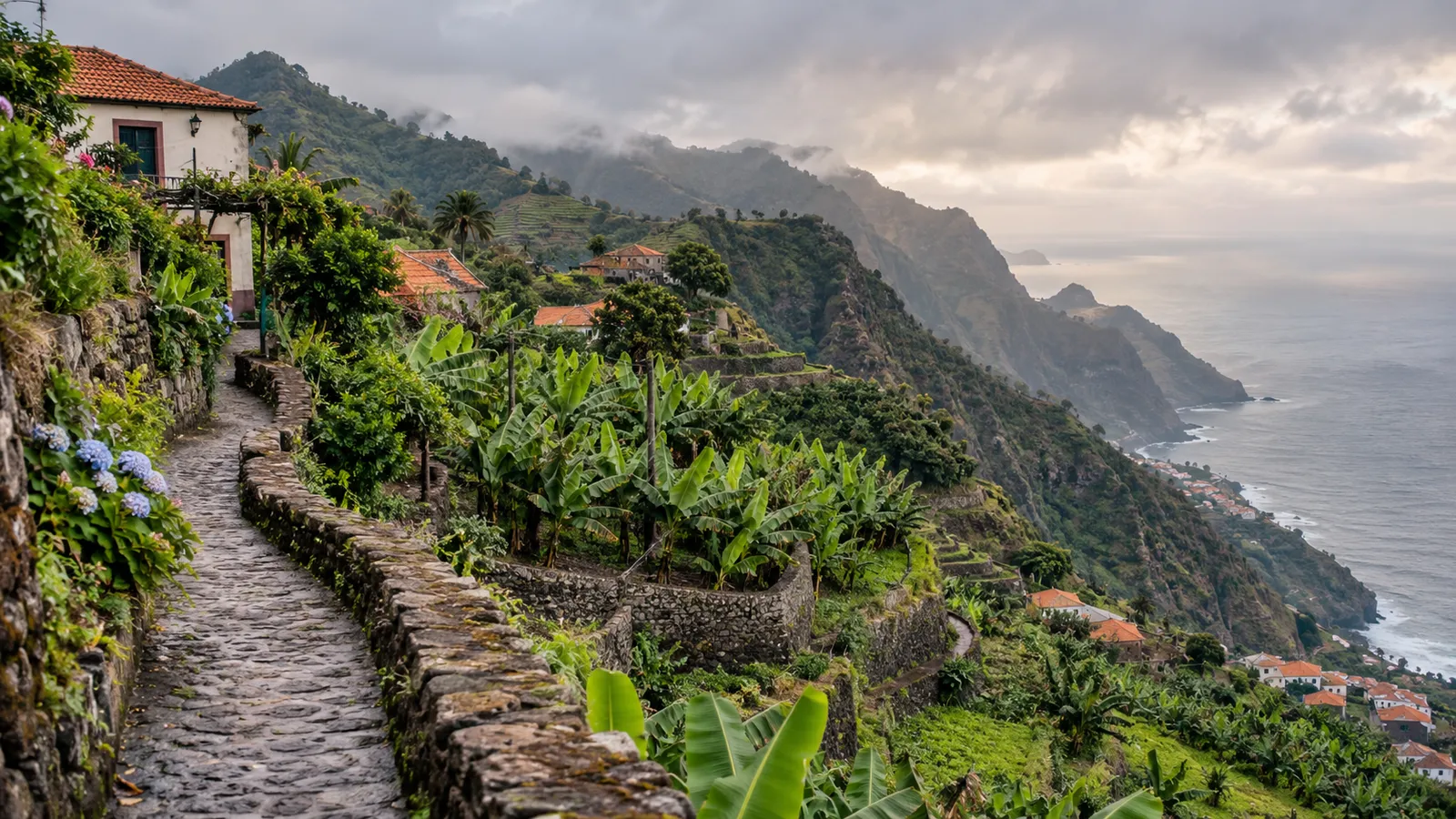 Madeira-inspired village above terraced banana gardens.