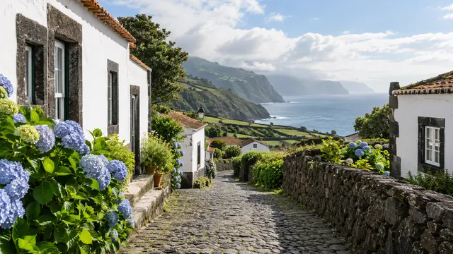 Azores-inspired village lane with white homes trimmed in dark volcanic stone.