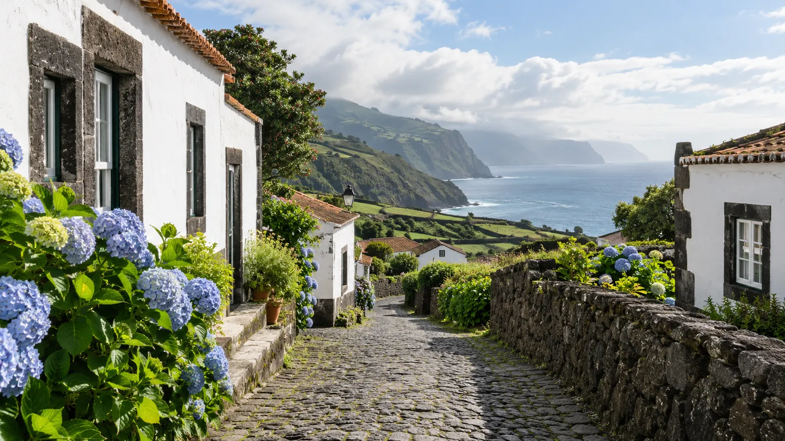 Azores-inspired village lane with white homes trimmed in dark volcanic stone.