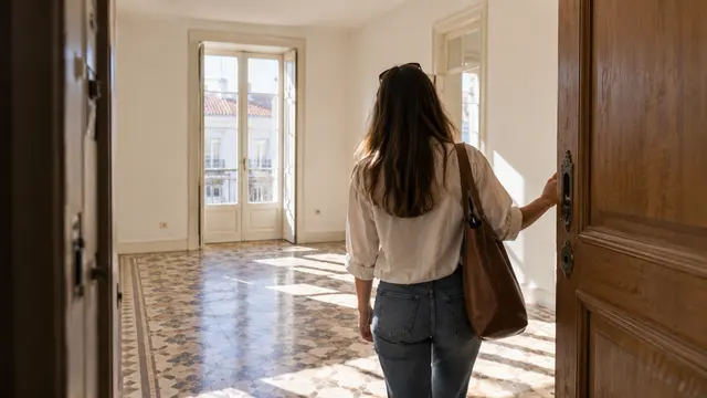 An adult entering an unfurnished Portuguese rental apartment during a viewing.
