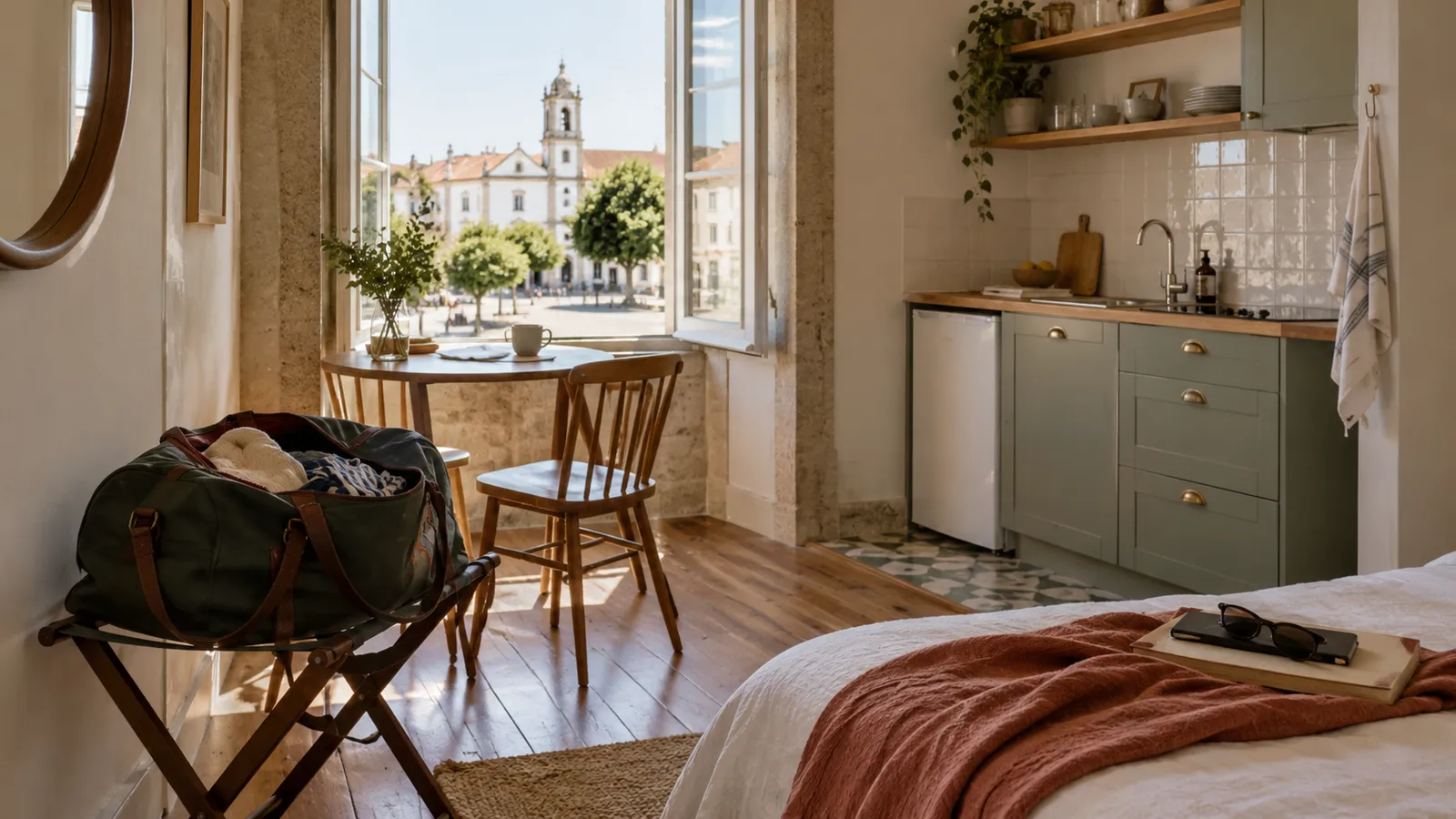 A compact short-stay apartment with an unpacked weekend bag on a luggage rack.