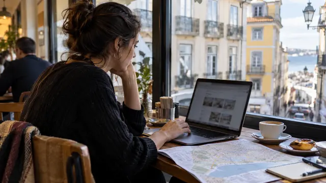 A prospective renter browsing a laptop at a cafe table beside a paper neighbourhood map.