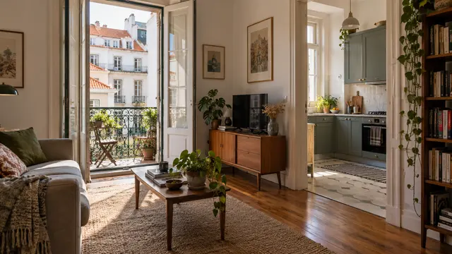 A realistic Portuguese apartment interior photographed with a wide doorway revealing the relationship between a small living room.