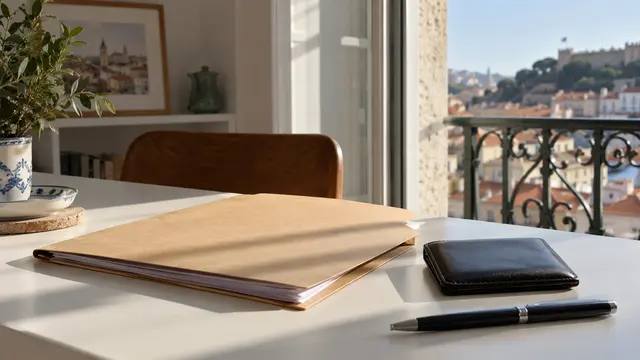 A plain rental application folder with neatly stacked face-down papers beside a closed ID wallet and simple pen on a white desk.