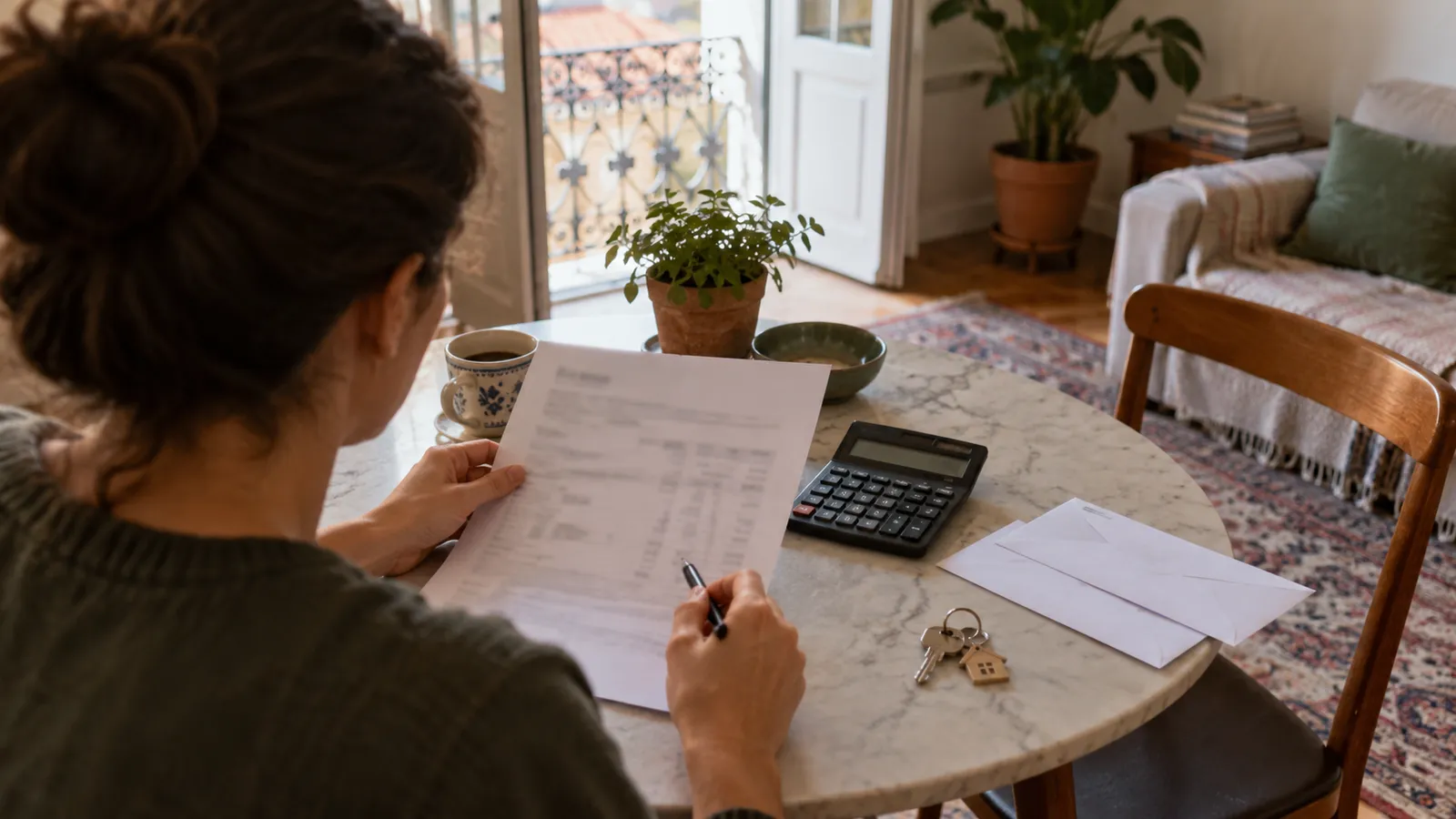 A renter reviewing a payment schedule with all writing blurred.