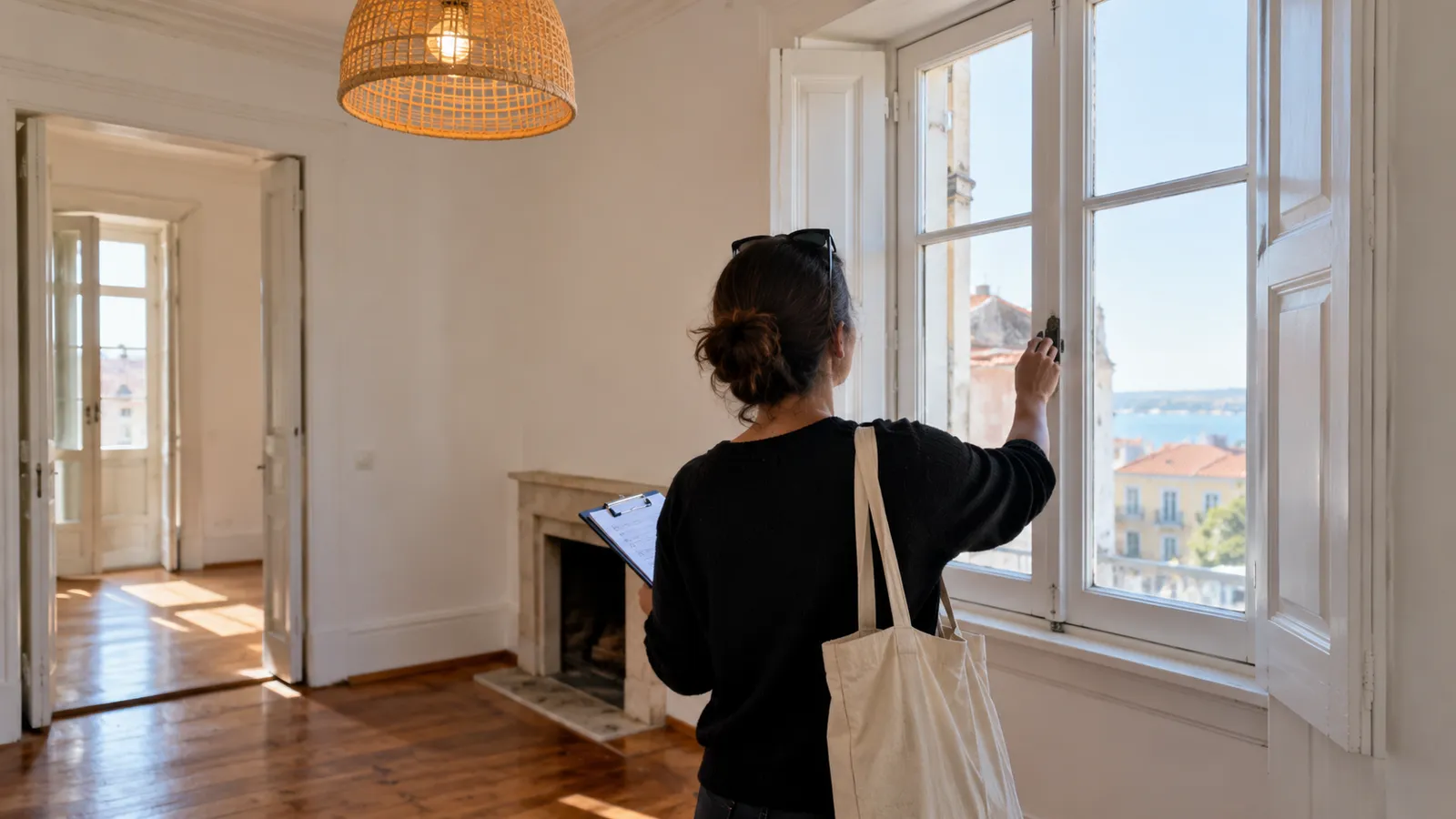 A person checking a window latch and light in an empty rental living room.