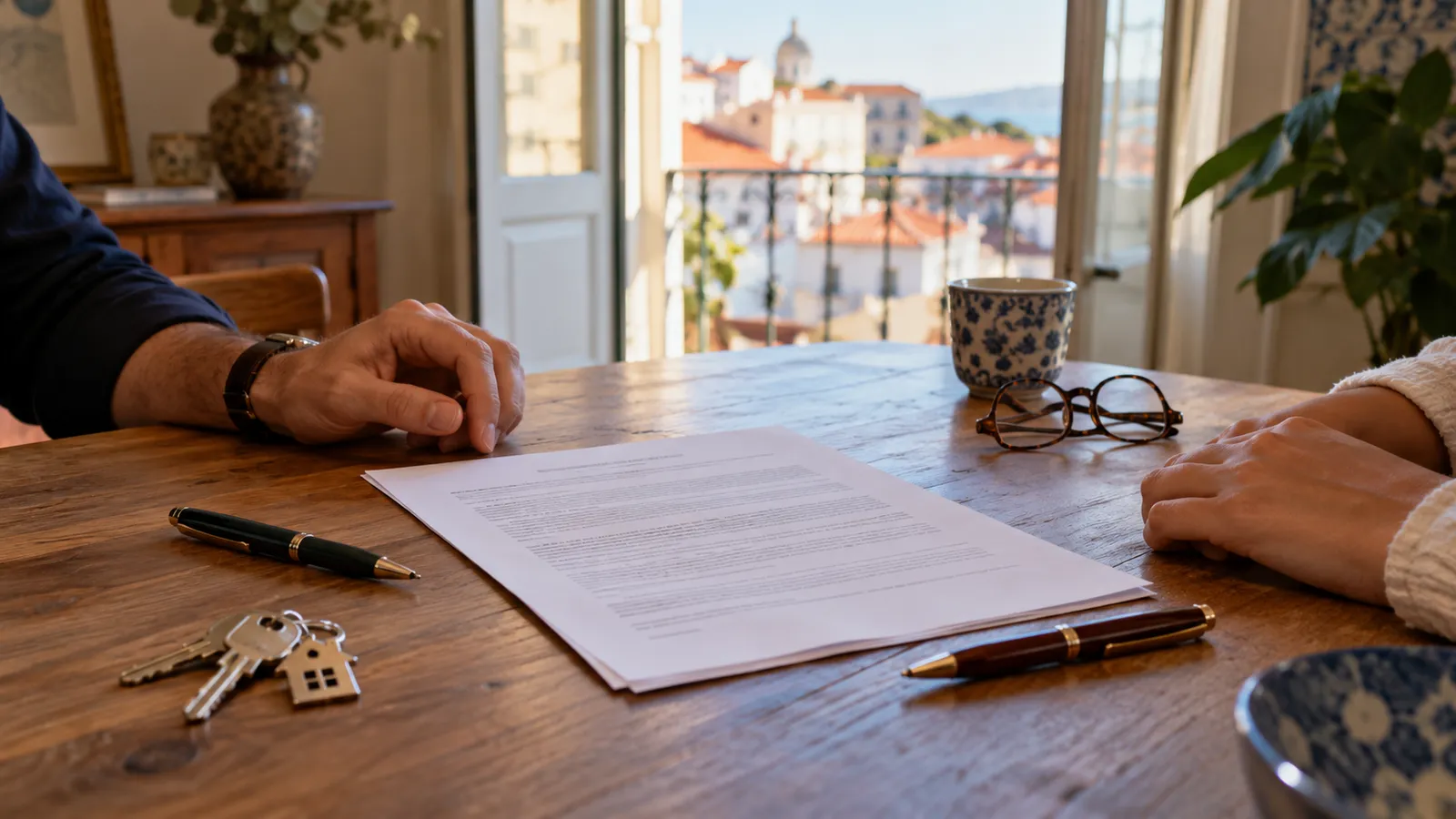 A rental agreement laid out on a wooden table with all text deliberately unreadable.