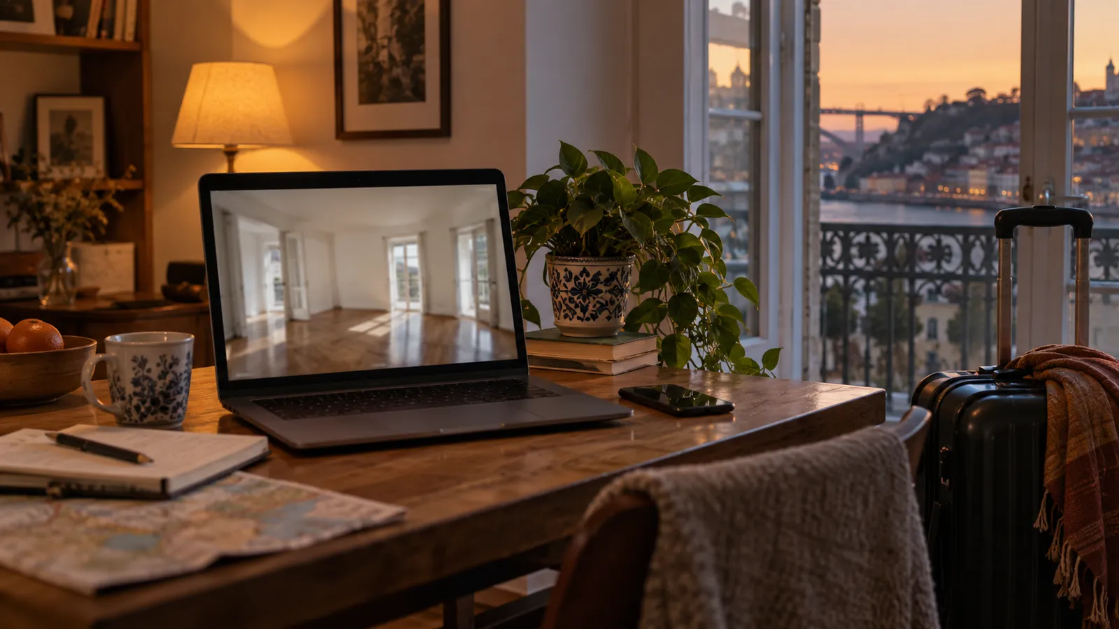 A laptop showing a softly blurred video viewing of an empty apartment while a travel suitcase waits beside the desk.
