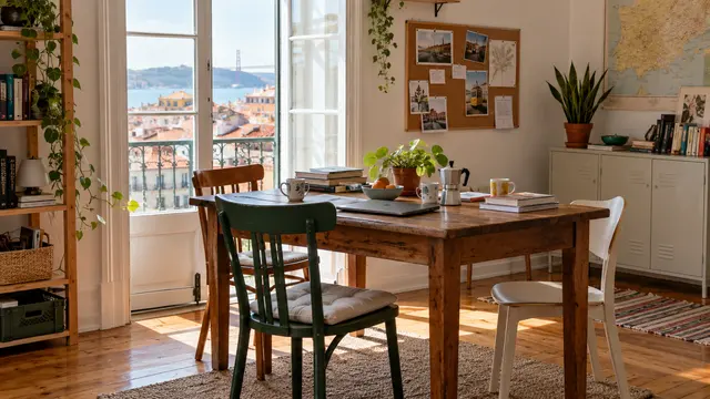 A shared student apartment dining area with three mismatched chairs.
