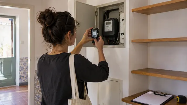 Move-in inventory scene: a person photographing an electricity meter with a smartphone from a normal standing angle.