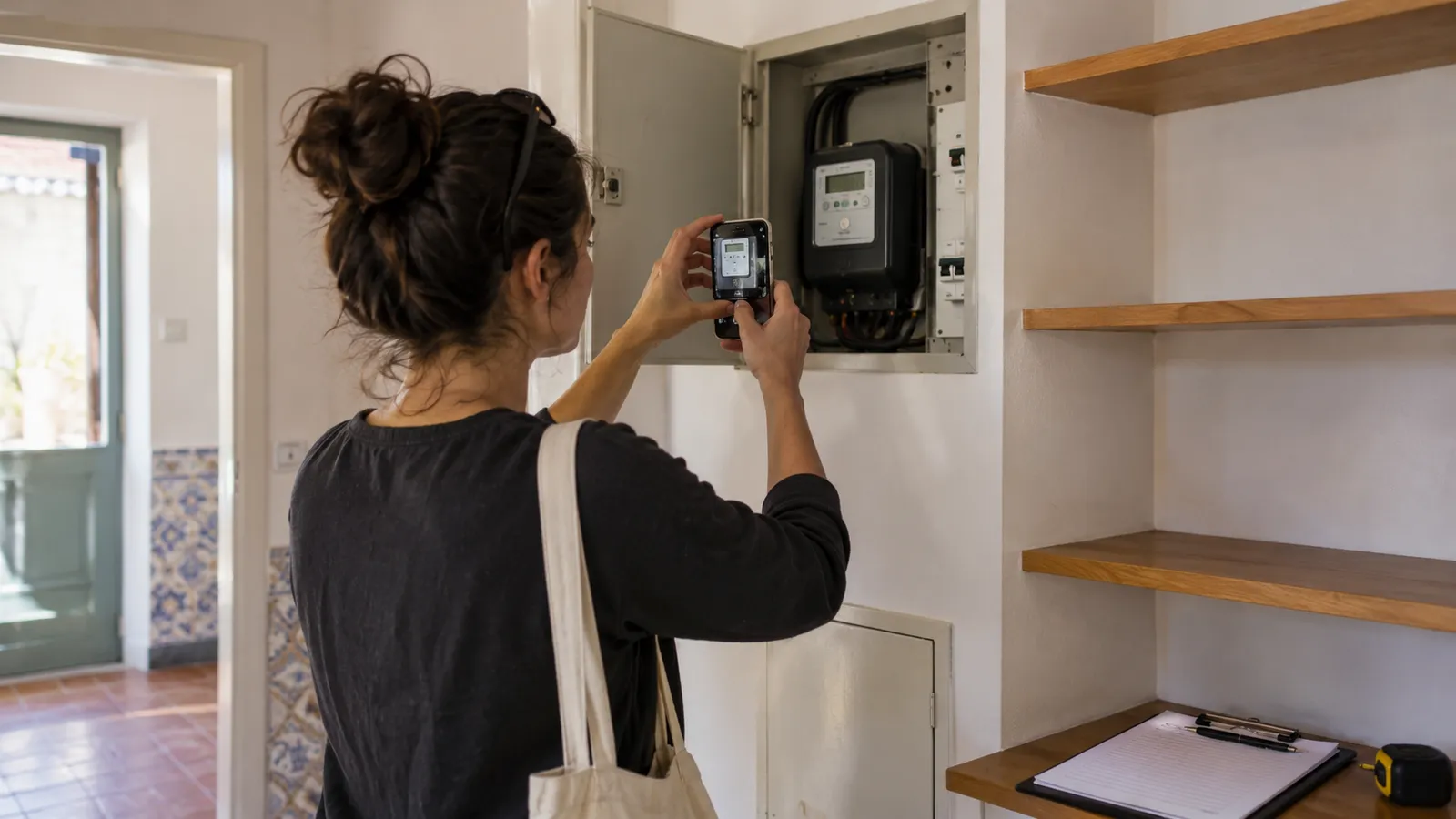 Move-in inventory scene: a person photographing an electricity meter with a smartphone from a normal standing angle.