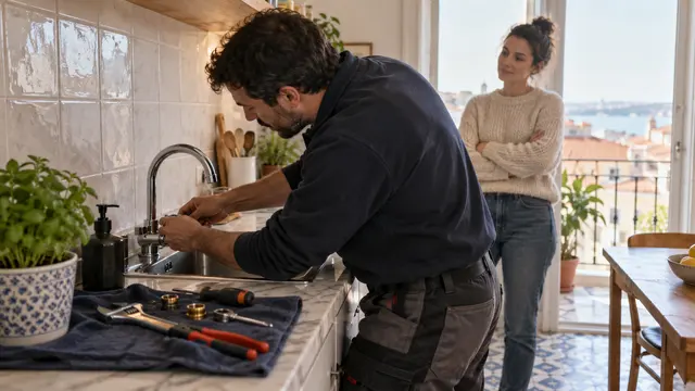 A plumber carefully inspecting a kitchen tap in a rented apartment while a resident stands back.