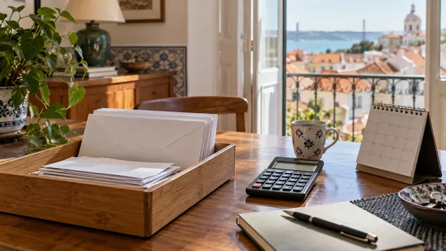 Neatly sorted plain envelopes and face-down rental receipts in a shallow desk tray beside a calculator and calendar without readable dates.