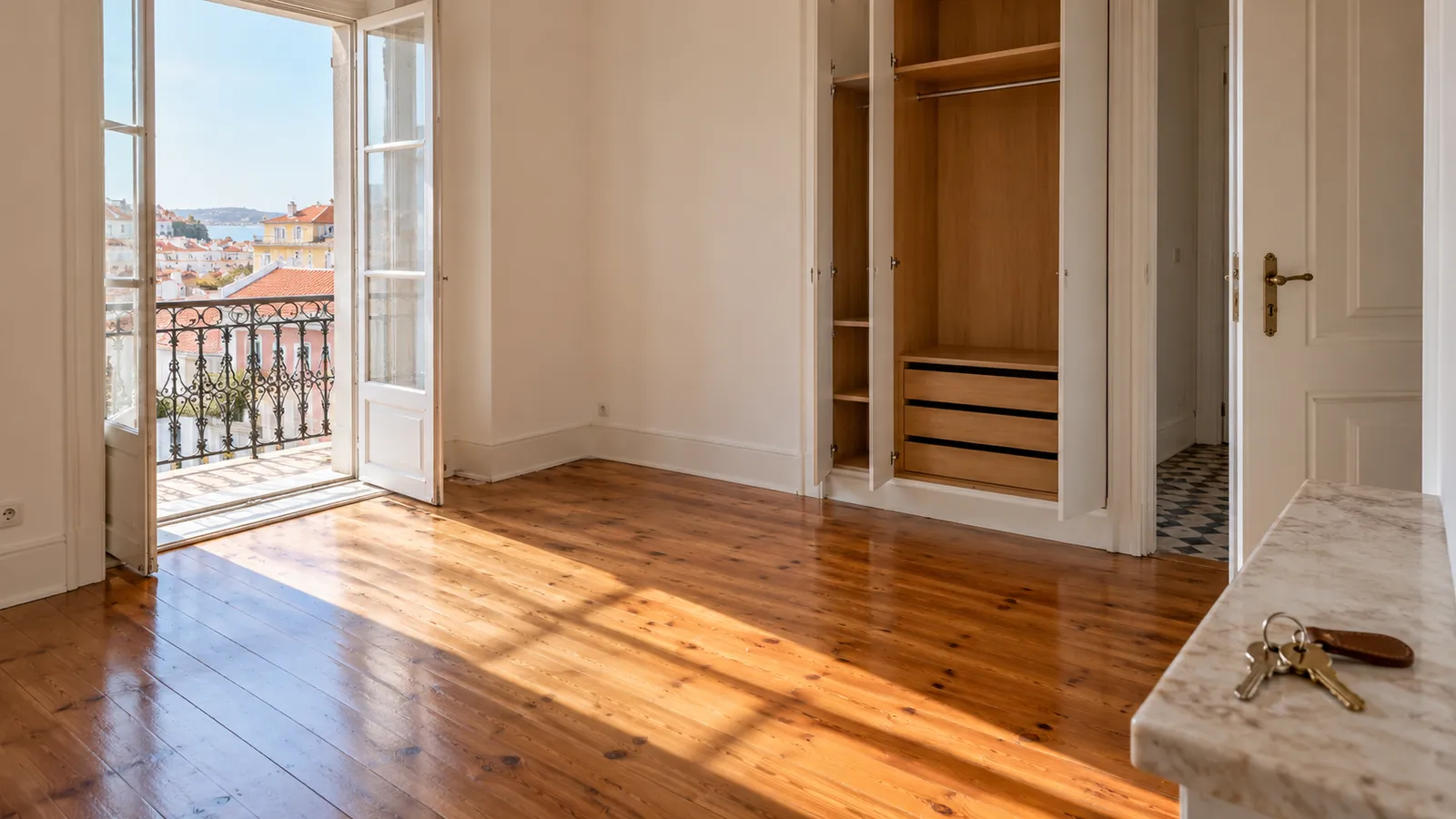 A clean empty rented bedroom after move-out with freshly swept floors.