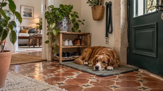 A calm pet dog resting on a washable mat beside an apartment door.