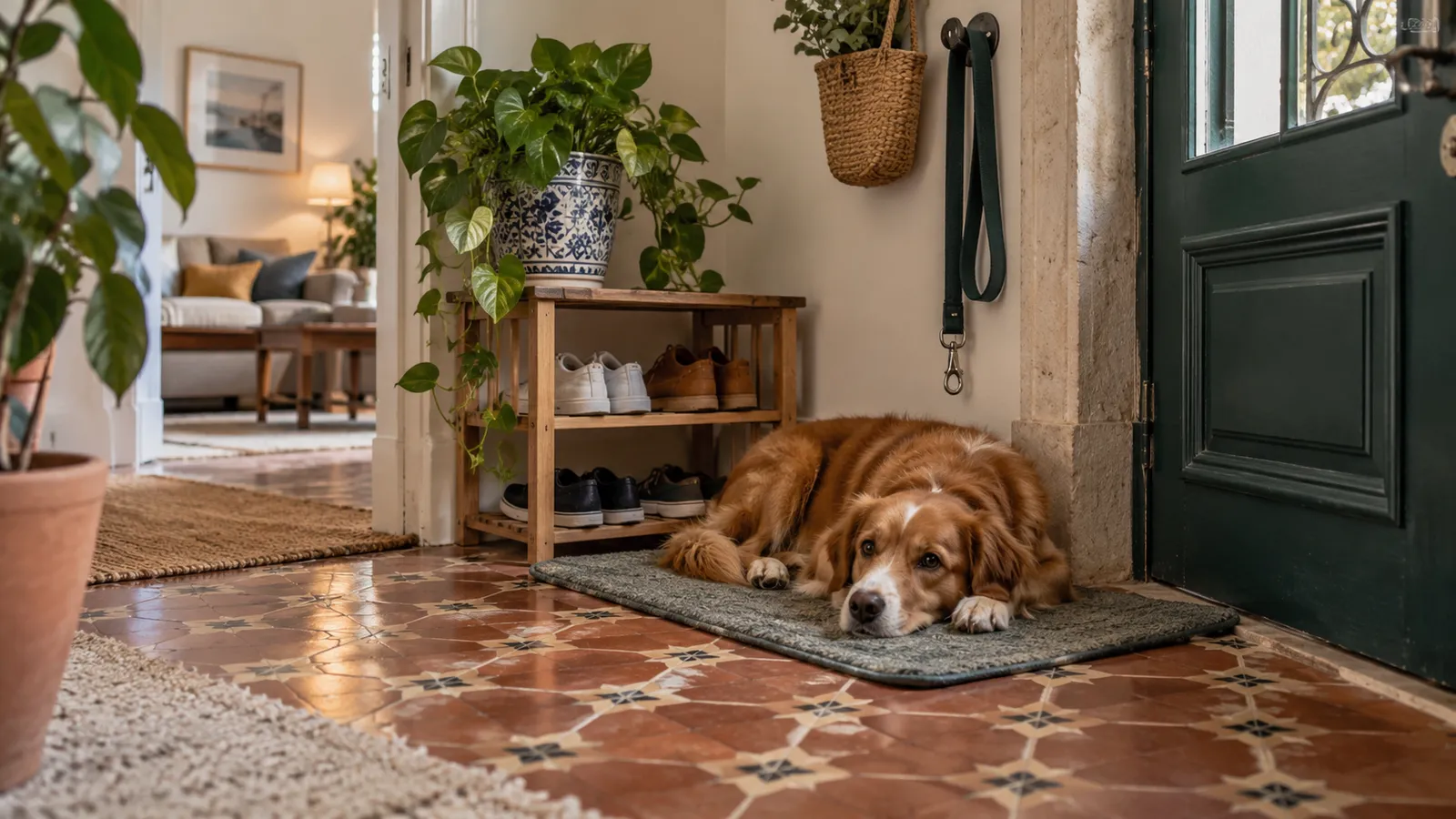 A calm pet dog resting on a washable mat beside an apartment door.