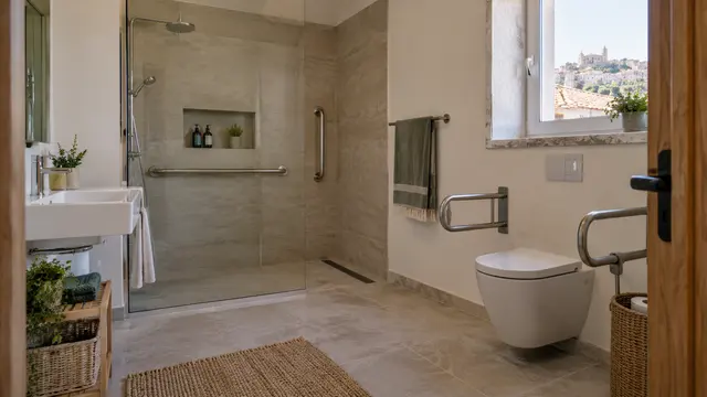 A practical accessible apartment bathroom with level-entry shower.