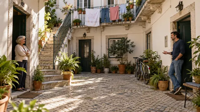 A shared apartment building courtyard with two neighbours speaking calmly near their separate doorways.
