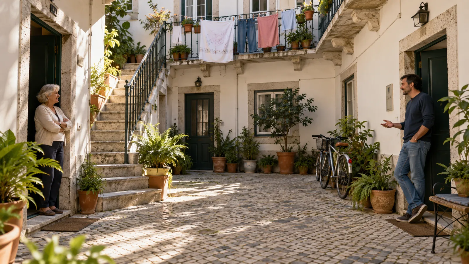 A shared apartment building courtyard with two neighbours speaking calmly near their separate doorways.