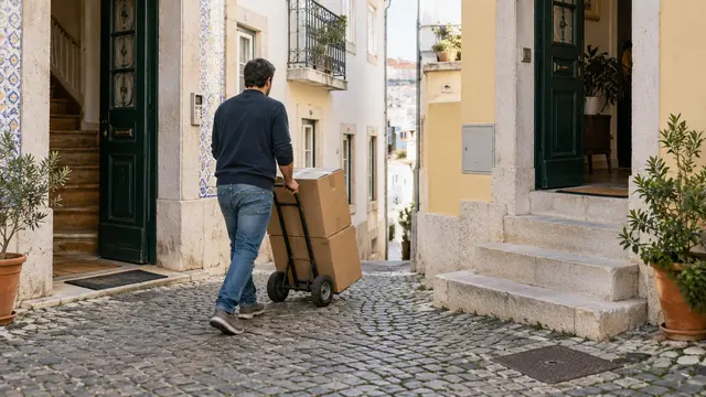 A small hand trolley carrying closed cartons between two nearby Portuguese apartment entrances.