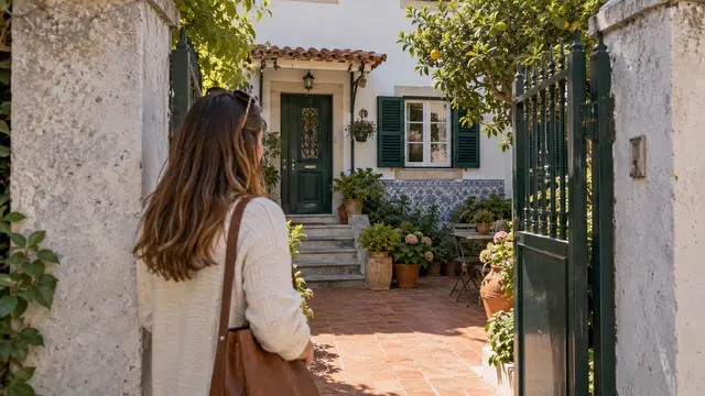 A prospective homebuyer looking through an open gate at a modest Portuguese townhouse with tiled entry.