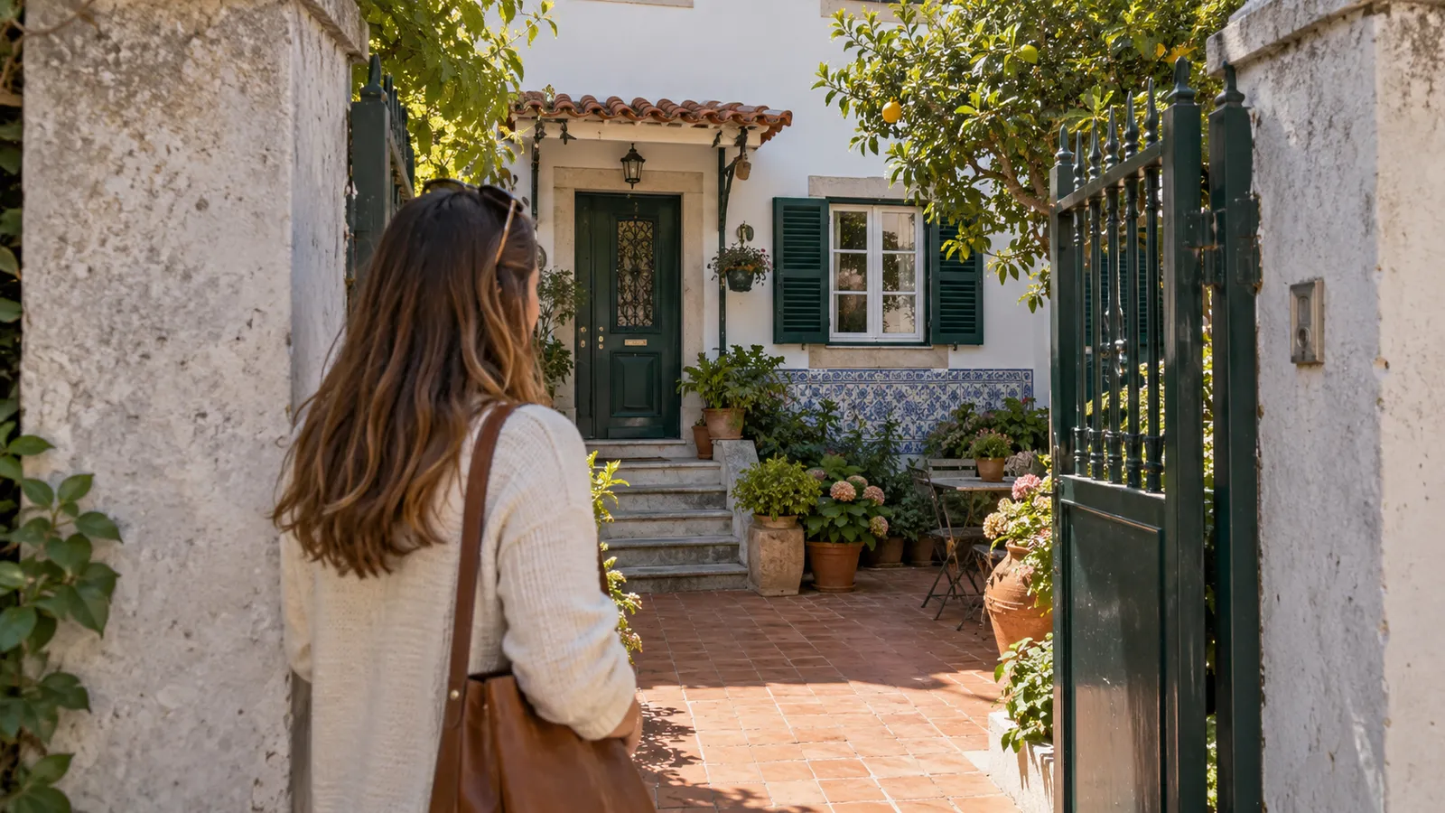 A prospective homebuyer looking through an open gate at a modest Portuguese townhouse with tiled entry.