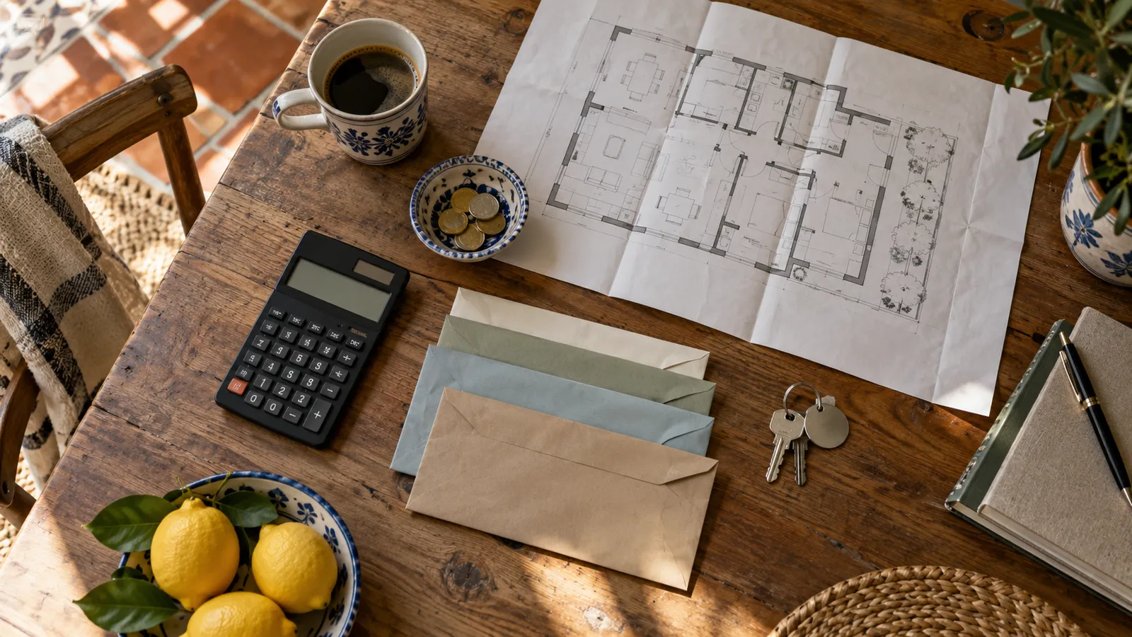 A home-purchase planning desk with calculator.