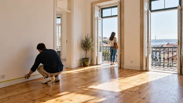An adult buyer measuring a sunlit empty living room with a tape measure while another looks at the balcony.