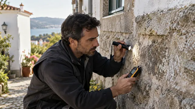 A building surveyor examining an exterior stone wall with a small inspection torch and moisture meter.