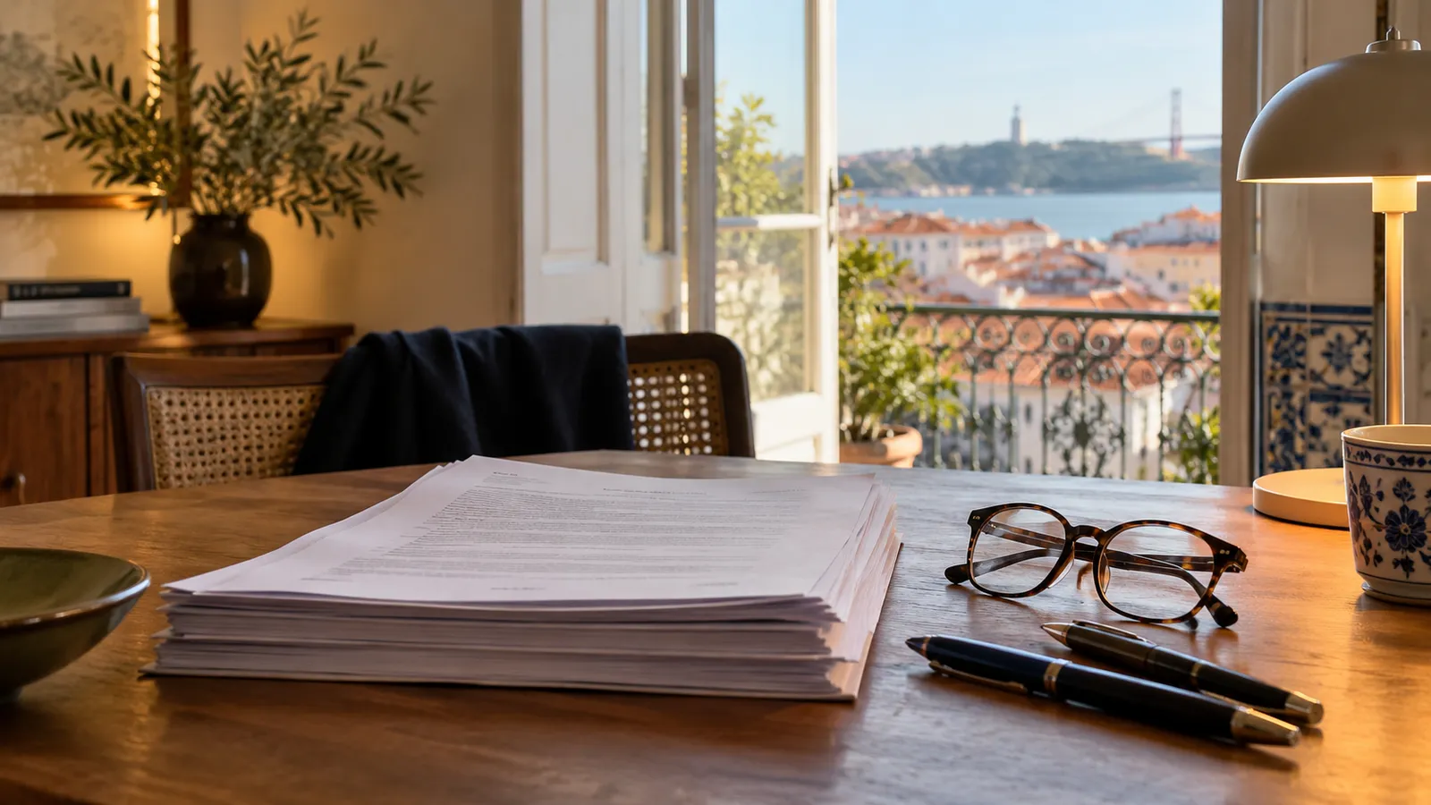A quiet property-contract reading scene with a thick document stack text blurred.