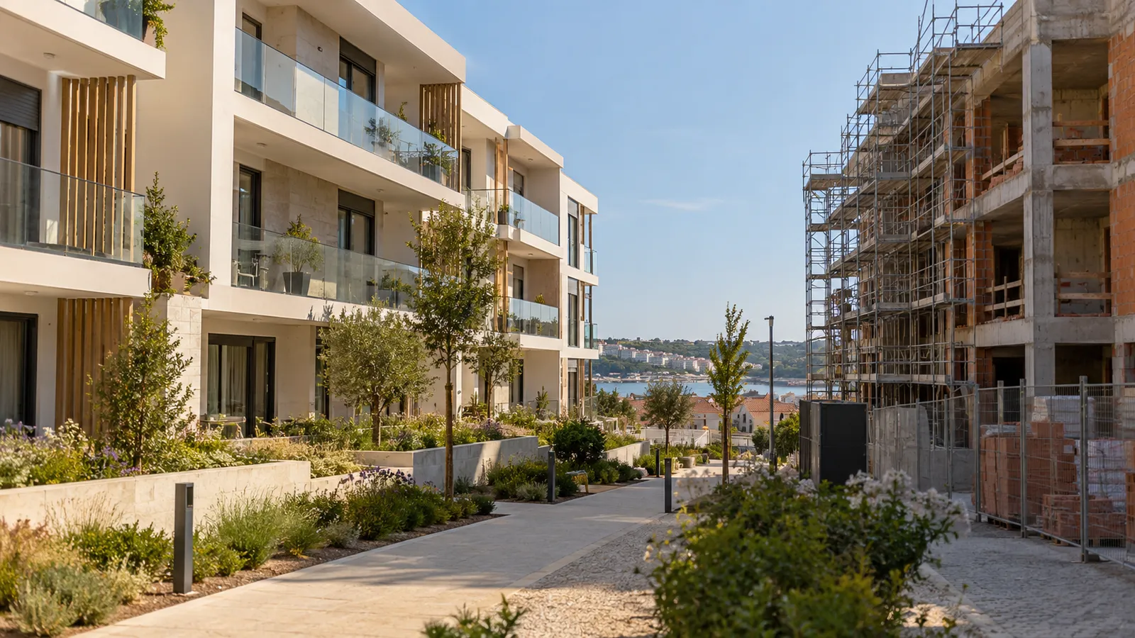 A newly completed low-rise Portuguese apartment building with balconies and landscaped walkway beside a neighbouring unfinished structure covered in scaffolding.