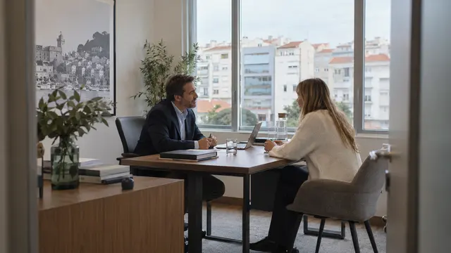 A new resident meeting a mortgage adviser in a modest contemporary office.