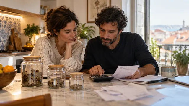 A household affordability discussion at a kitchen island with three differently sized coin jars.