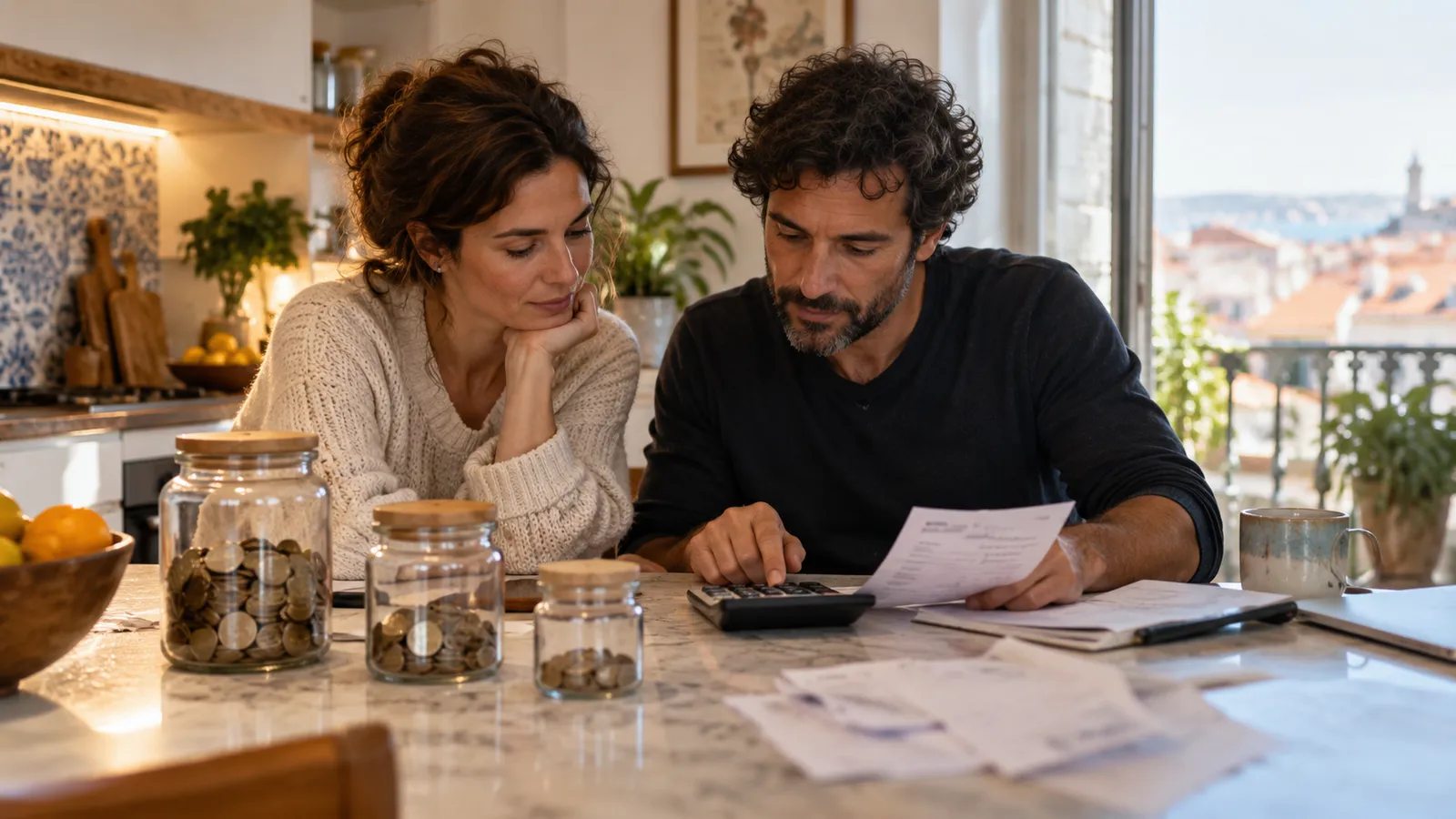 A household affordability discussion at a kitchen island with three differently sized coin jars.