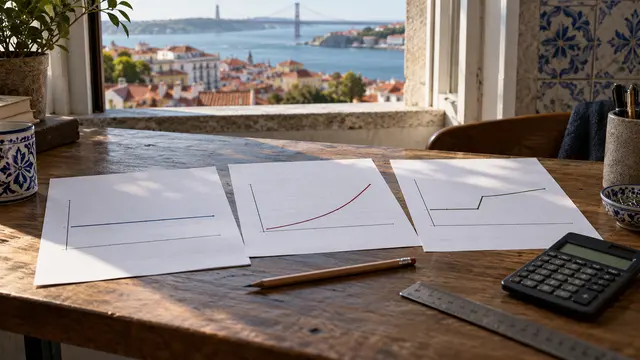 A desk with three different loan scenario sheets showing only abstract unlabelled line graphs.