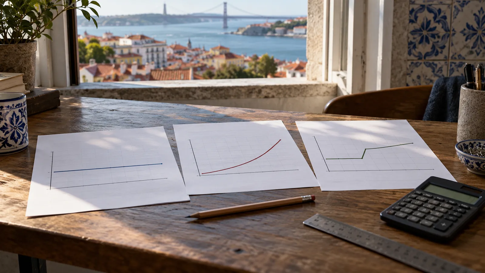A desk with three different loan scenario sheets showing only abstract unlabelled line graphs.