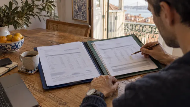 Two competing mortgage folders opened side by side with unreadable printed tables.