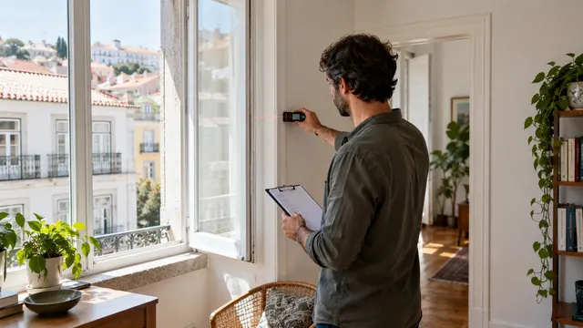 A property valuer measuring a bright apartment room near the window.