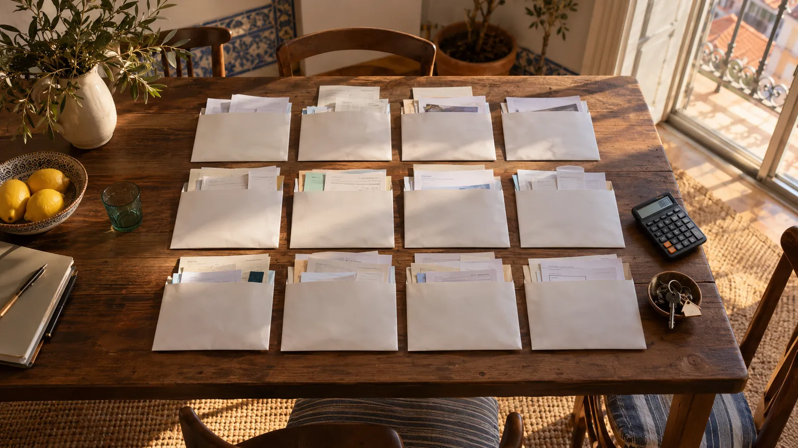 Annual household paperwork arranged in twelve unlabelled paper sleeves across a dining table.