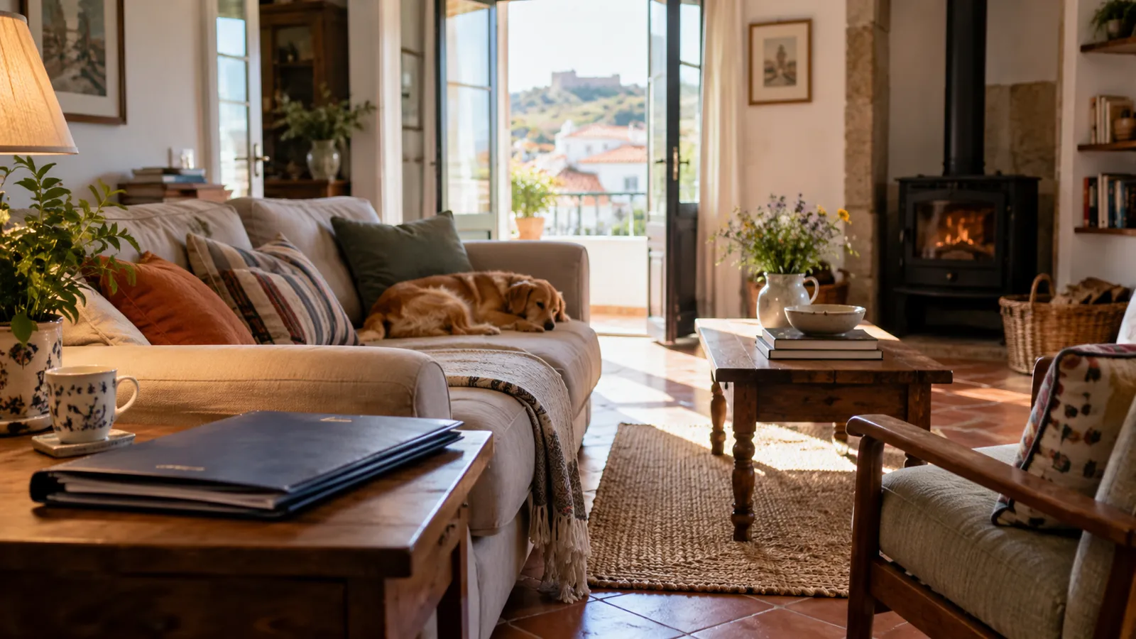 A comfortable lived-in sitting room with a closed insurance folder on a side table.