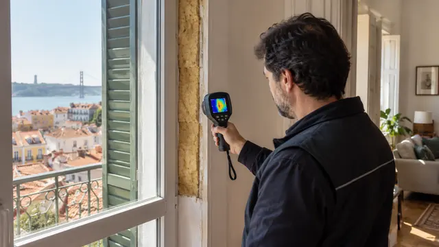 A home energy assessor using a small handheld device near a window in an ordinary apartment.