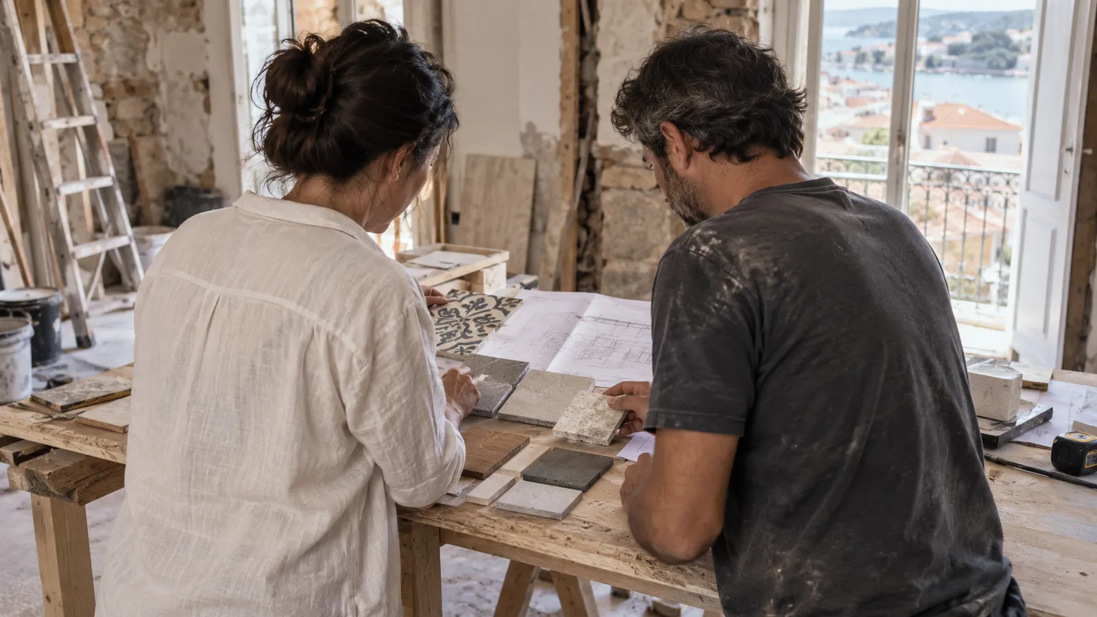 A homeowner and contractor reviewing material samples and a folded plan at a workbench.