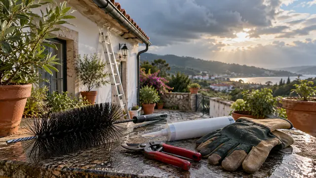 Seasonal maintenance still life on a patio: clean gutter brush.