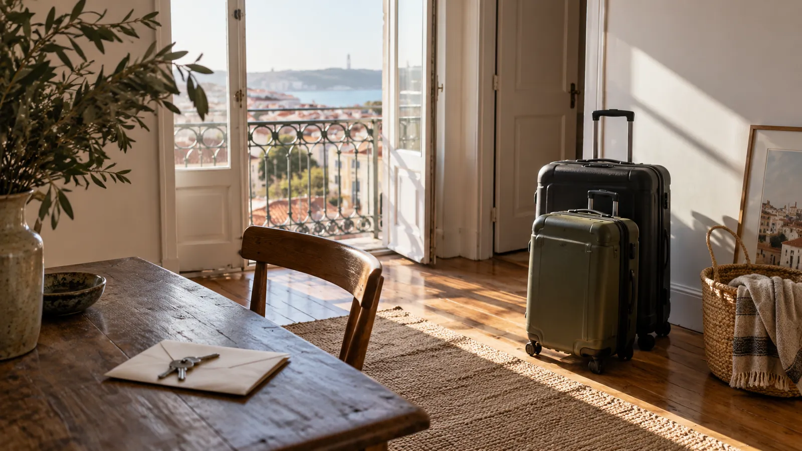 A quiet nearly empty home with two travel cases beside a sunlit window and a set of keys left on a folded envelope.