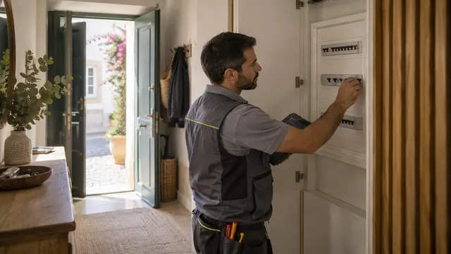 A qualified technician checking a modern household electricity breaker panel in a Portuguese entry cupboard.