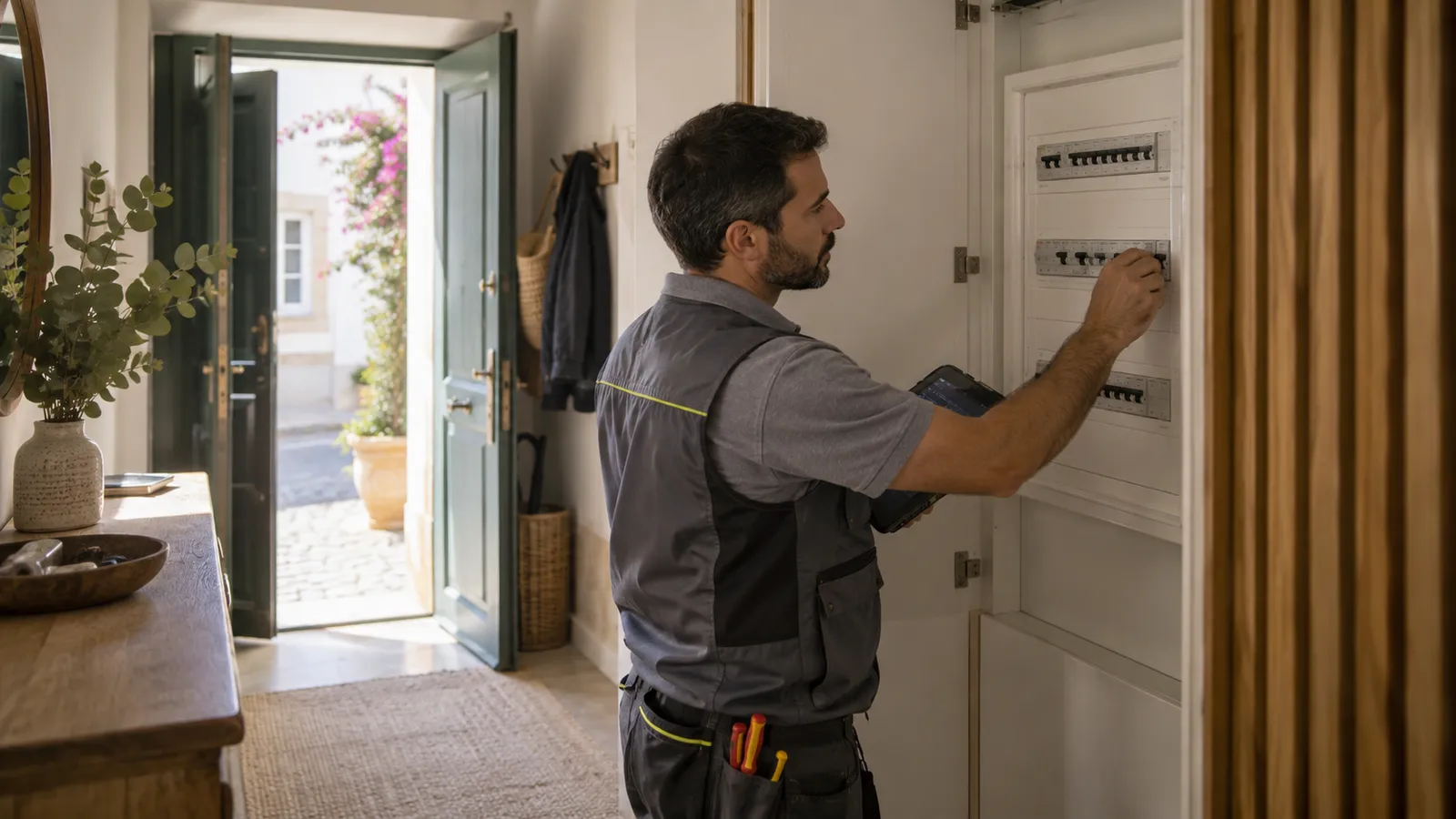 A qualified technician checking a modern household electricity breaker panel in a Portuguese entry cupboard.