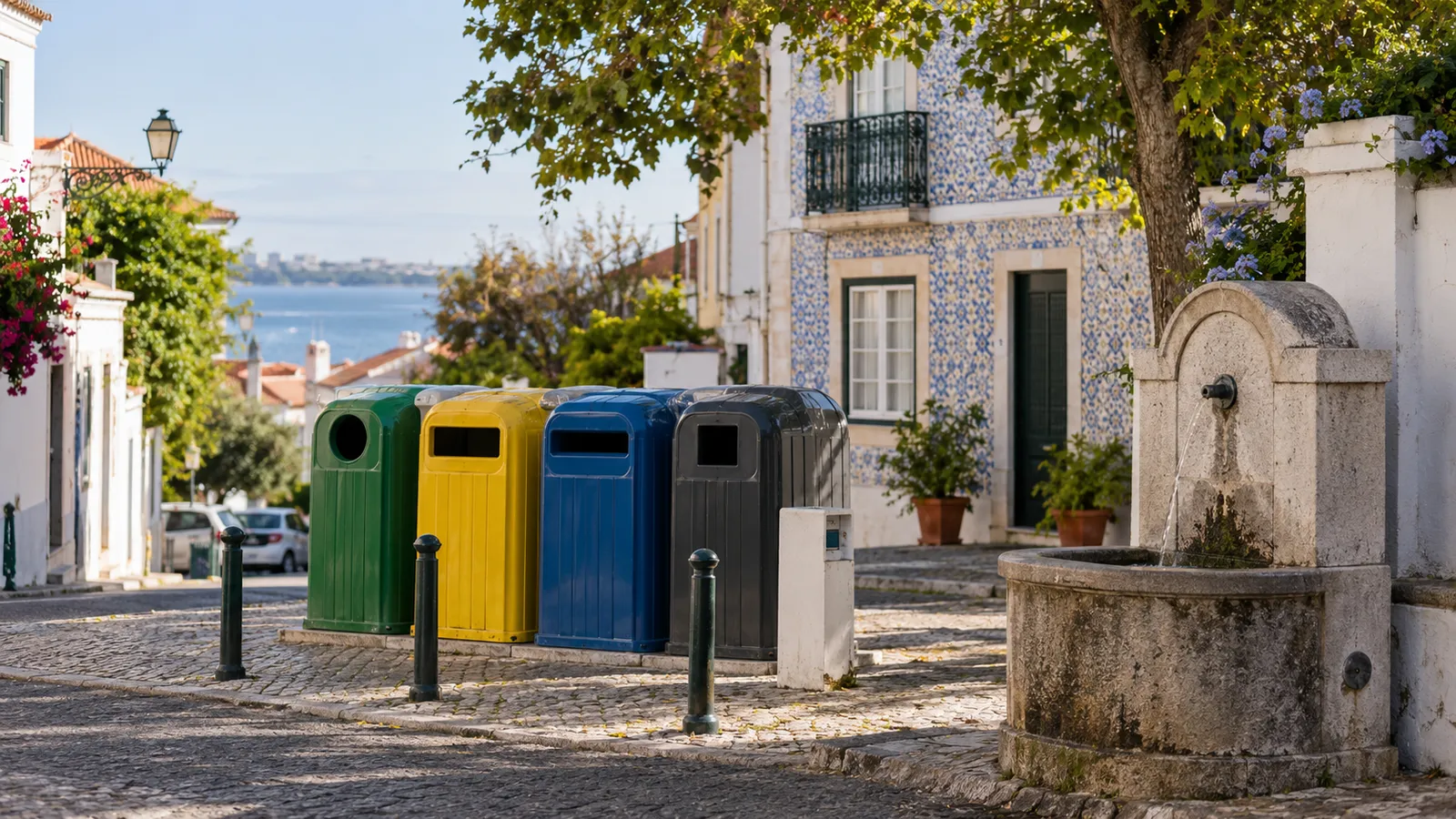 A neat recycling station on a Portuguese residential street with distinct coloured bins.