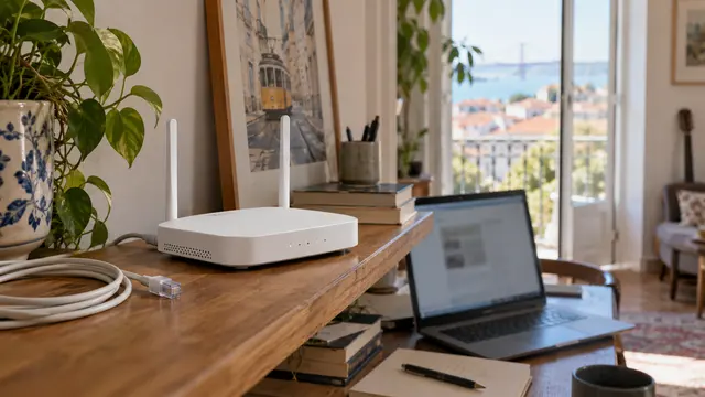 A white unbranded home router on a wooden shelf beside an ethernet cable and a laptop with blurred screen.